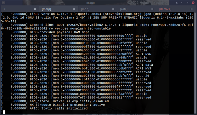 The screencap shows a computer screen displaying a terminal window with a Linux kernel boot log. The terminal is running on a system with the Linux version 6.14.6-1. The boot command line includes options such as "verbose," "noshplash," and "tsc=unstable." The BIOS-provided physical RAM map is visible, listing various memory ranges marked as "usable" or "reserved." The log includes messages about the initialization of the Advanced Programmable Interrupt Controller (APIC) and the disabling of the AMD power management driver. The background of the terminal is dark, and the text is white, making it easy to read. The terminal window is open on a desktop environment, with a blurred image of a person in the background, adding a personal touch to the otherwise technical display.

Ovis2-8B

🌱 Energy used: 0.206 Wh
