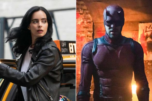 A photo of Jessica Jones exiting a taxi on the left, and a photo of Daredevil in full costume on the right.