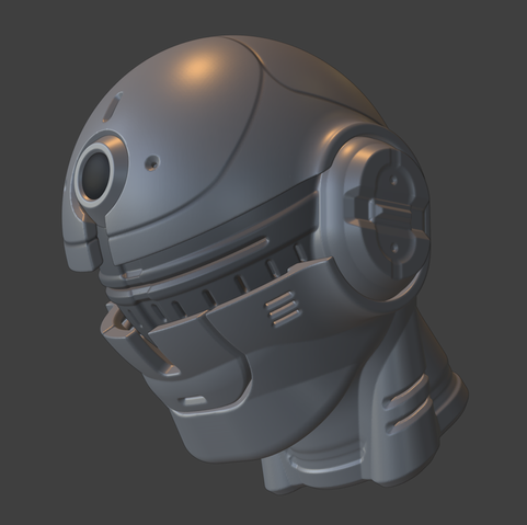 Screenshot of Blender's 3D viewport, showing a mech head concept sculpture.