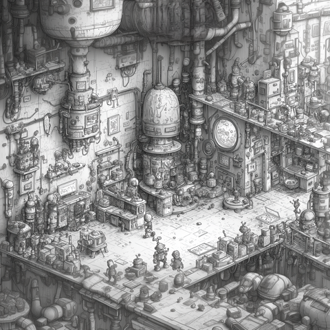 Midjourney Prompt: Extremely detailed, hand-drawn hidden object scene, bustling with many different styles of sleeping robots cleverly hidden throughout, intricate line art, whimsical and playful atmosphere, complex cluttered environment reminiscent of a "Where’s Waldo" illustration, filled with futuristic gadgets and cozy corners, high-resolution, rich in tiny details, engaging and immersive, black and white ink drawing style --ar 3:2 --raw --profile o89hupk --v 7