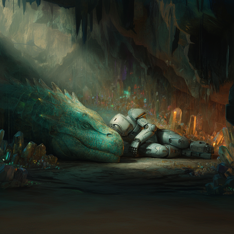 Midjourney Prompt: An extraordinarily atmospheric scene of a sleeping robot nestled inside a dragon's cave, lying peacefully beside a slumbering emerald-green dragon. The cave glows with mysterious, ethereal light reflecting off shards of crystal and piles of ancient treasures. Misty ambiance, warm and cool tones blending, detailed scales and metallic textures, sense of serenity and ancient wonder, ultra-realistic, cinematic lighting, fantasy art, high detail --v 7