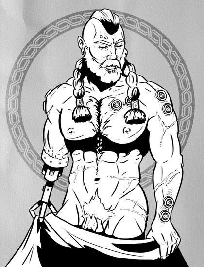 Black and white drawing on darker paper of a Space Wolf. He is naked and covering himself with a big piece of cloth below the waist. He has a lot of scars and his right arm ends under the elbow, fitted with a small metal claw. He has a trimmed beard and two thick braids on his chest.