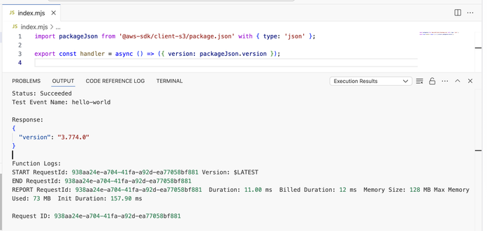 Lambda editor showing the Node.js code to print the version of the SDK included in the Lambda runtime.