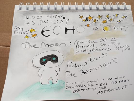 Text about the moon and Jin's album Echo and song The Astronaut. Ink sketch of cartoon character Wooteo and stars, moon is coloured into word OUT