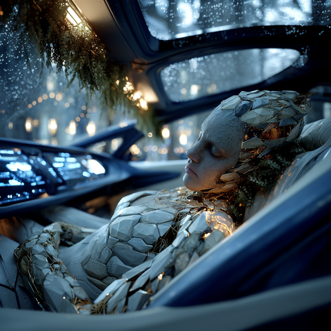 Midjourney Prompt: A sleeping robot with a crystalline exoskeleton formed of translucent geometric shards that glow softly from within, reclined in the passenger seat of a futuristic autonomous vehicle. The car's interior features holographic displays and ambient blue lighting that casts ethereal shadows. The vehicle travels through a neon-lit cityscape at night, raindrops streaming across the glass canopy, creating reflections and bokeh effects. Cinematic mood, dramatic lighting, hyperrealistic details, professional photography --stylize 1000 --v 7