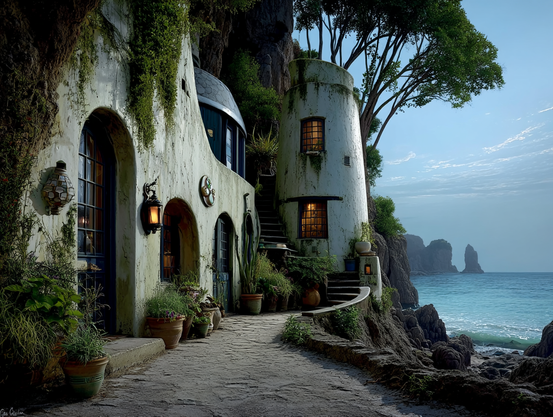 Complex seaside shop, on a rocky shore, with curved, whitewashed architecture, round towers, and arched windows glowing warmly under the moody morning sky; terra cotta pots and vines line a winding stone path leading toward the attached apartment.