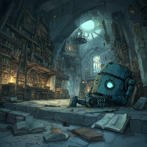 Midjourney Prompt: A sleeping crystalline robot resting against ancient bookshelves, its translucent body gently glowing with faint blue internal lights, geometric facets reflecting candlelight, surrounded by towering shelves of leather-bound tomes and scrolls, dust particles floating in shafts of moonlight streaming through stained glass windows, cobwebs connecting the robot to nearby books, ornate wooden ladders and brass reading lamps visible in background, massive stone arches overhead, intricate mosaic floor partially visible, photorealistic, cinematic lighting, atmospheric, detailed, studio ghibli inspired, 8k --profile o89hupk --stylize 750 --v 7