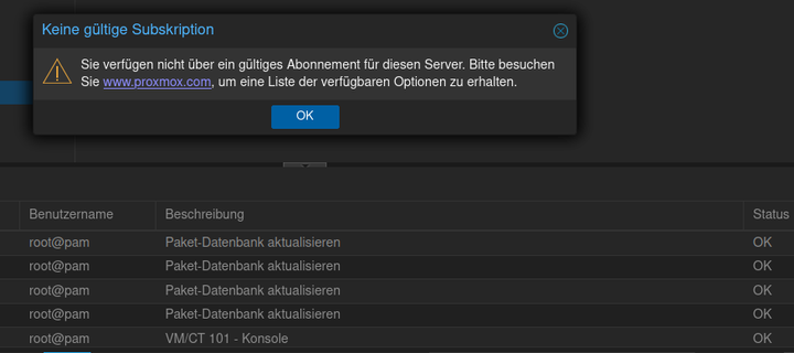 screenshot der proxmox-oberfläche, ein popup nach dem einloggen mosert wegen fehlendem abo.