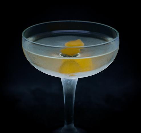 The cocktail itself in a chilled coupe and garnish with two cocktail onions