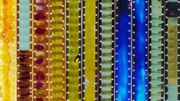 16mm film strips with abstract painted frames