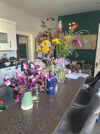 A kitchen counter with vases of pink and purple sweet peas, coreopsis grandiflora, snap dragons