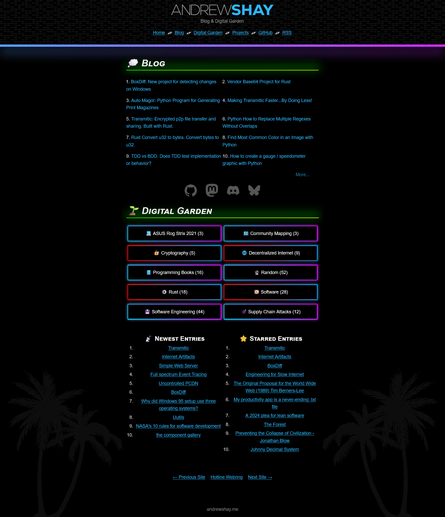 Picture of personal website/blog with a black background and bright accent colors, like RGB lights