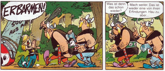 Normannen überfallen einen Gallier im Wald, der auf dem Weg zum gallischen Dorf ist, und bedrohen ihn mit einer Keule.