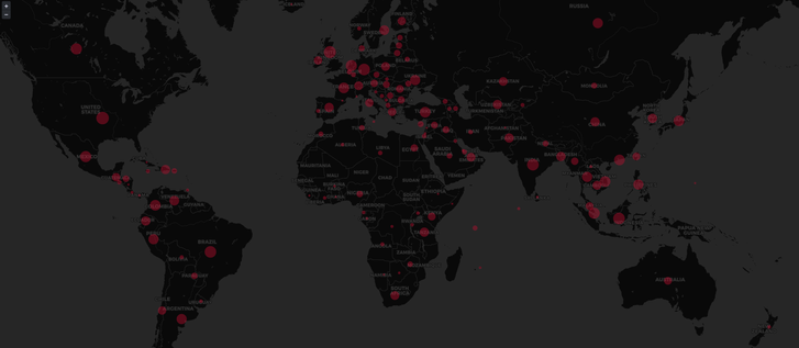 World map with a red dot of varying sizes on virtually every country. Countries without a red dot are more or less only the central African countries from Senegal/Mauritania on the West coast to Eritrea on the East coast.