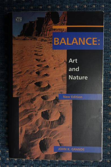 Book cover showing color photo of Andy Goldsworthy, Arizona, from top to bottom craters plowed into sand one after each other

Cover text, more on the right side, says:

BALANCE:

Art  
and
Nature

New Edition

John K. Grande

-On the top left

Back
Rose
Books