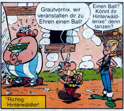 Asterix grüßt den angekommenden Gallier und erzählt ihm, dass ihm zu Ehren ein Ball veranstaltet wird.