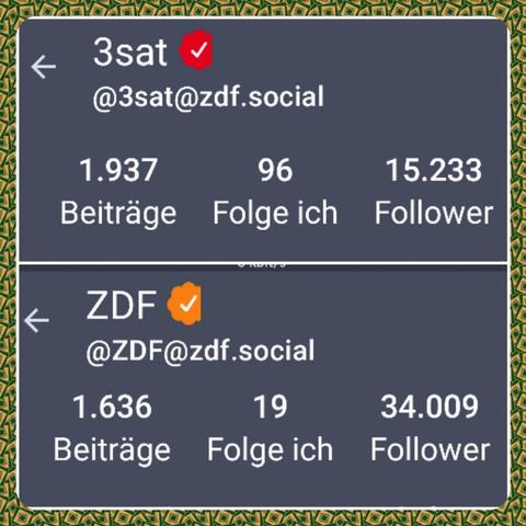 Screenshot der beiden Accounts im Fediverse

3sat hat: 15.233 Follower:innen

ZDF hat: 34.009 Follower:innen