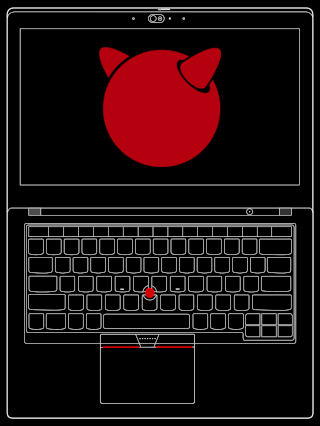 Graphic of Thinkpad laptop with the FreeBSD "beastie" head logo.