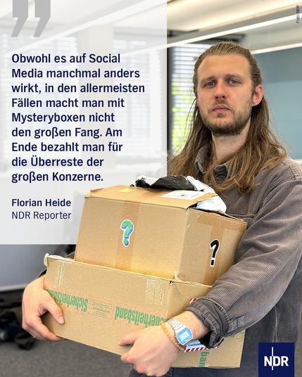 Bild: Ein junger Mann mit Bart und langen Haaren hält zwei neutrale Kartons in den Armen.

Text: "Obwohl es auf Social Media manchmal anders wirkt, in den allermeisten Fällen macht man mit Mysteryboxen nicht den großen Fang. Am Ende bezahlt man für die Überreste der großen Konzerne."

Florian Heide
NDR Reporter