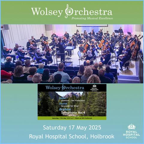 Photograph of our full orchestra, seated playing, with conductor - Harry Sever - in the centre facing the musicians. The front rows of the audience are in the foreground. The background of the square image is a green to blue ombre, with our logo at the top, and concert date and venue at the bottom.