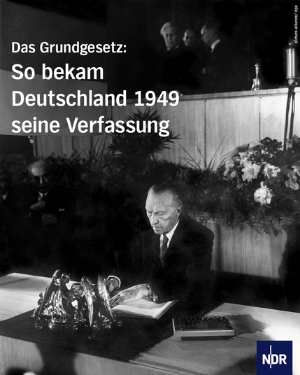 Bild: Dr. Konrad Adenauer, Vorsitzender des Parmentareischen Rats, unterzeichnet am 23.05.1949 in Bonn das Grundgesetz.

Text: Das Grundgesetz: So bekam Deutschland 1949 seiner Verfassung