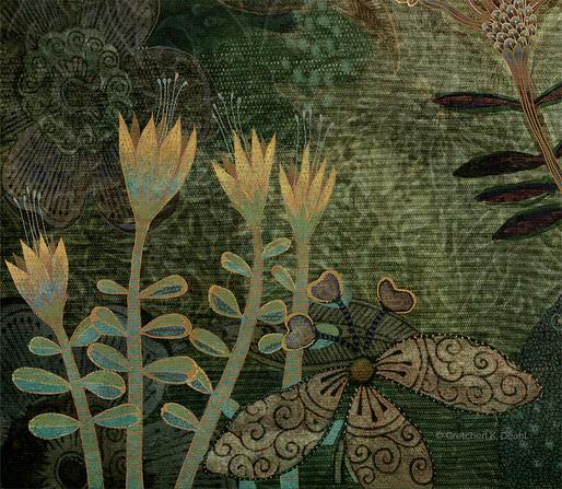 Against a background of swirling greens and golds, silhouettes of abundant flowering plant life blooms. The top of an abstract face in the lower right portion of the painting. NOTE: This description created especially for my lovely blind friend, Georgiana. :-)