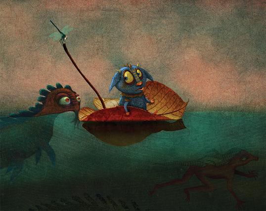On a tiny orange leaf, sits a small monster as he floats across large, dark lake. A strange swimming creature approaches from behind, causing him to become slightly alarmed. Below the waterline, multiple fish and monsters move at different speeds through the murky depths.