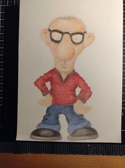 The image depicts a hand-drawn, colored pencil sketch of a cartoonish character. The character has a large head with prominent ears, a balding head with sparse hair, and wears large, black-framed glasses. The face features a neutral expression with a slightly upturned nose and a small mouth. The character is dressed in a red sweater with a V-neck and blue jeans, with hands on hips, suggesting a confident stance. The shoes are dark, possibly black or brown, with a rounded shape. The background is plain white, and the drawing is placed on a black cutting mat with a grid pattern, indicating a workspace setting. The overall style is simple and exaggerated, typical of cartoon illustrations.

Provided by @altbot, generated privately and locally using Ovis2-8B