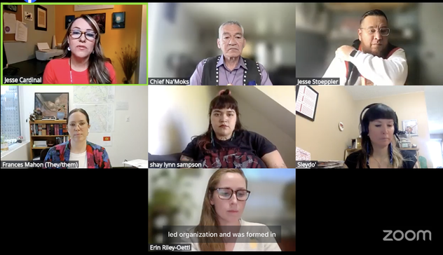 Zoomcast image featuring Keepers of the Water panel including Jesse Cardinal, Chief Na'Moks, Jesse Stoeppler, Frances Mahon, Shay Lynn Sampson, Sleydo' and Erin Riley-Oettl