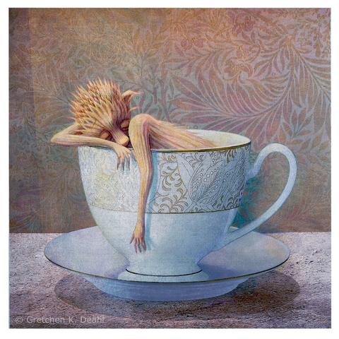 In a delicate china teacup, a pale, tiny monster dozes and dreams... probably for more delicious tea... :-) One arm drapes over the edge, the other rests on the rim, holding the weary head. :-)