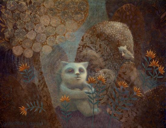 The Peaceful Garden
With eyes closed in peaceful meditation, a white cat considers the nature of life. Surrounded by a flowering tree and small hillocks of varying shades of deep umber, bright orange flowers spark in the quiet space like fire. A curious owl watches nearby and wishes that he would ask his companion about its enigmatic smile. NOTE: This description created especially for my lovely blind friend, Georgiana. :-)