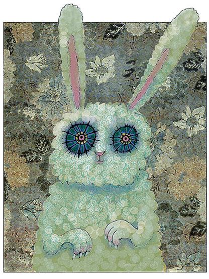 Textured colors of spotted, mottled purple, gold and green. An ink drawing of a rabbit-like creature stares with distress and wonder outward. It has a  small nose and mouth.  Its clawed arms hang protectively in front of it. NOTE: This description created especially for my lovely blind friend, Georgiana. :-)