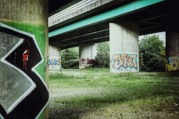 A view under a concrete viaduct, with several support pillars covered in colourful graffiti. A patch of green grass and weeds grows in the foreground, and trees are visible in the background under the bridge.