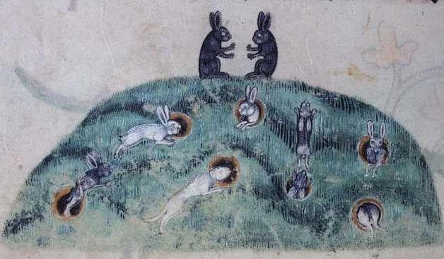 Medieval manuscript illustration of a grassy knoll with dogs chasing rabbits out of their holes; on top of the knoll two rabbits face one another, forelegs outstretched.