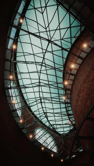 A transparent roof made of steel and glass, grayish sky above. Some lamps left and right.