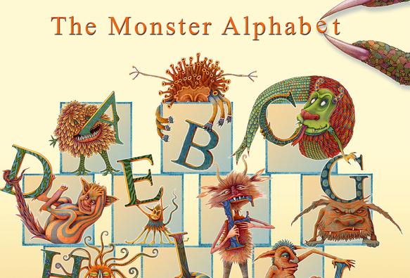 Set against a golden graduated background, a series of stacked blocks, with a strange assortment of monsters standing or sitting on them. Some are sleeping, some are glaring, most are smiling (in a monster kind of way). Each is holding his/her favorite letter of the alphabet. Also available in a cool palette.