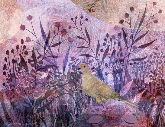 Against a background of swirling pinks and purples, silhouettes of abundant flowering plant life blooms. In the foreground, perched on a peaceful, abstract face, a pale taupe mourning dove rests. NOTE: This description created especially for my lovely blind friend, Georgiana. :-)
