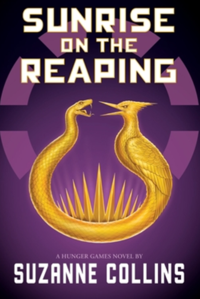 Cover of Sunrise on the Reaping.  A golden snake and Mockingjay face each other, joined at the tail (quite reminiscent of an ouroboros). The title is in large white text on a deep purple background.