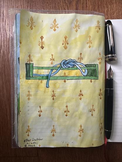 Sketch in sketchbook of a knot tied around a little railing of a shelve