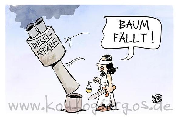 Karikatur: Die Justitia kappt mit ihrem Schwert ein Auspuffrohr (Diesel-Affäre) und ruft: Baum fällt!