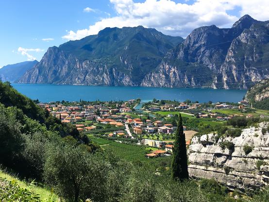 Panoramaaufnahme eines Ortes am Ufer des türkisblauen Gardasees, umgeben von hohen, steilen Bergen. Der See erstreckt sich über den Großteil des Hintergrunds und zeigt eine ruhige Wasserfläche mit einigen kleinen Booten und Windsurfern, die in der Ferne zu erkennen sind. Der Vordergrund wird von einem sanft abfallenden, grünen Hügel dominiert, der mit Olivenbäumen bepflanzt ist. Nago-Torbole selbst besteht aus vielen niedrigen, meist ockerfarbenen Gebäuden mit roten Dächern, die dicht aneinander gebaut sind und eine ziemlich einheitliche Architektur aufweisen. Ein Fluß (Sarco) mündet in der Mitte des Bildes und zwischen den Ortsteilen in den See. Eine Zypresse sticht inmitten des Grüns hervor. Rechts im Bild ist eine steile, fast senkrecht abfallende Felswand aus hellem, fast weißem Gestein zu sehen, die einen starken Kontrast zum grünen Hügel im Vordergrund bildet. Der Himmel ist klar und tiefblau, mit einigen wenigen, weißen Wolken, die die Sonne nicht verdecken und ein sonniges, warmes Licht auf das gesamte Szenario werfen. Die Gesamtathmosphäre ist friedlich, ruhig und idyllisch, mit einem Gefühl von Ruhe und Schönheit der Natur.