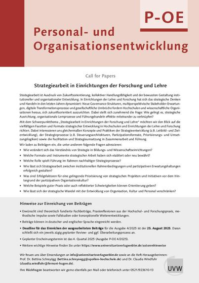 Call for Papers der Zetischrift Personal- und Organisationsentwicklung zum Thema "Stategieentwicklung in Einrichtungen der Forschung und Lehre"