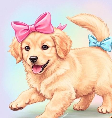 Cute painting of dog with pink bow on head and baby blue bow on its tail