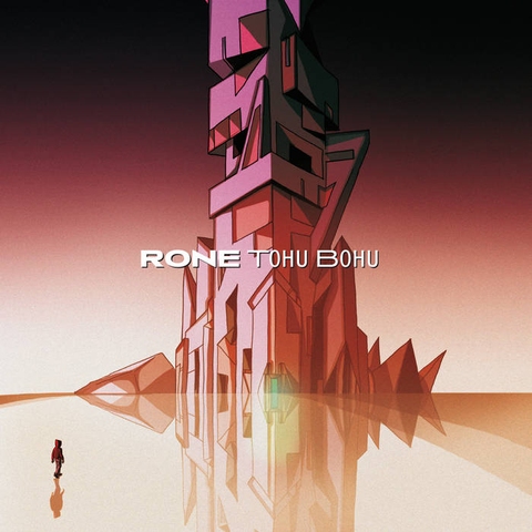Comic illustration of a futuristic building with its reflection on the ground and a character walking towards ii. Everything is purple, pink and orange with a gradient background starting in black at the top.