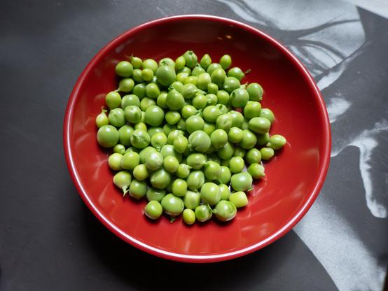 Red bowl full of approximately 1/4 cup of green peas.