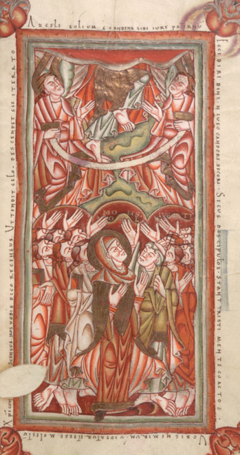 Medieval manuscript illustration of Christ disappearing into the heavens, with only his feet and legs visible; angels observe from heaven and a crowd of people from the ground.