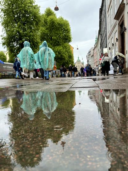 Menschen mit Regenponchos spiegeln sich in einer Pfütze.
