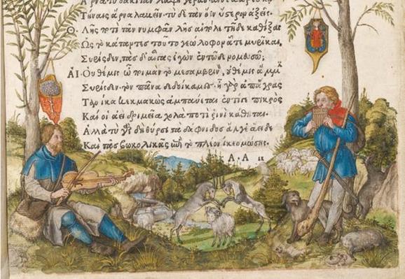 Two men playing instruments in a pastoral landscape with goats and sheep, surrounded by greenery and under ancient text.

Albrecht Dürer, ‘A Pastoral Landscape with Shepherds Playing a Viola and Panpipes,’ from a copy of the edition of Theocritus’ poems printed  by Aldus Manutius in Venice. Dürer painted this in 1496/1497 in the copy owned by his friend, the humanist Willibald Pirckheimer. (Woodner Collection, National Gallery of Art, Washington DC)
