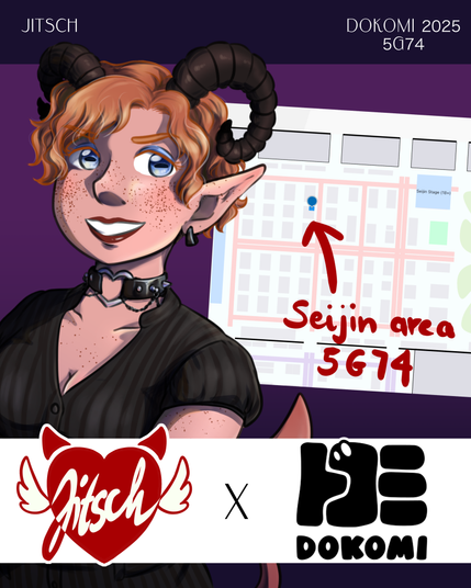 Picture with my self portrait that says Jitsch x Dokomi. Shows a part map of Dokomi where an arrow points at Seijin Area 5G74.