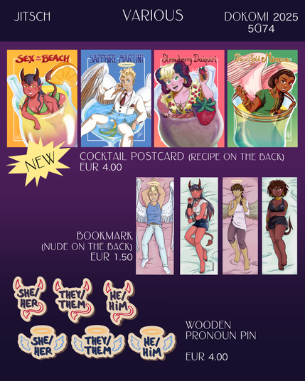 Overview of varipus products. colorful cocktail postcards with recipe on the back for 4 euros, Bookmarks with nude on the back 1.50 euros, wooden pronoun pins 4 euros